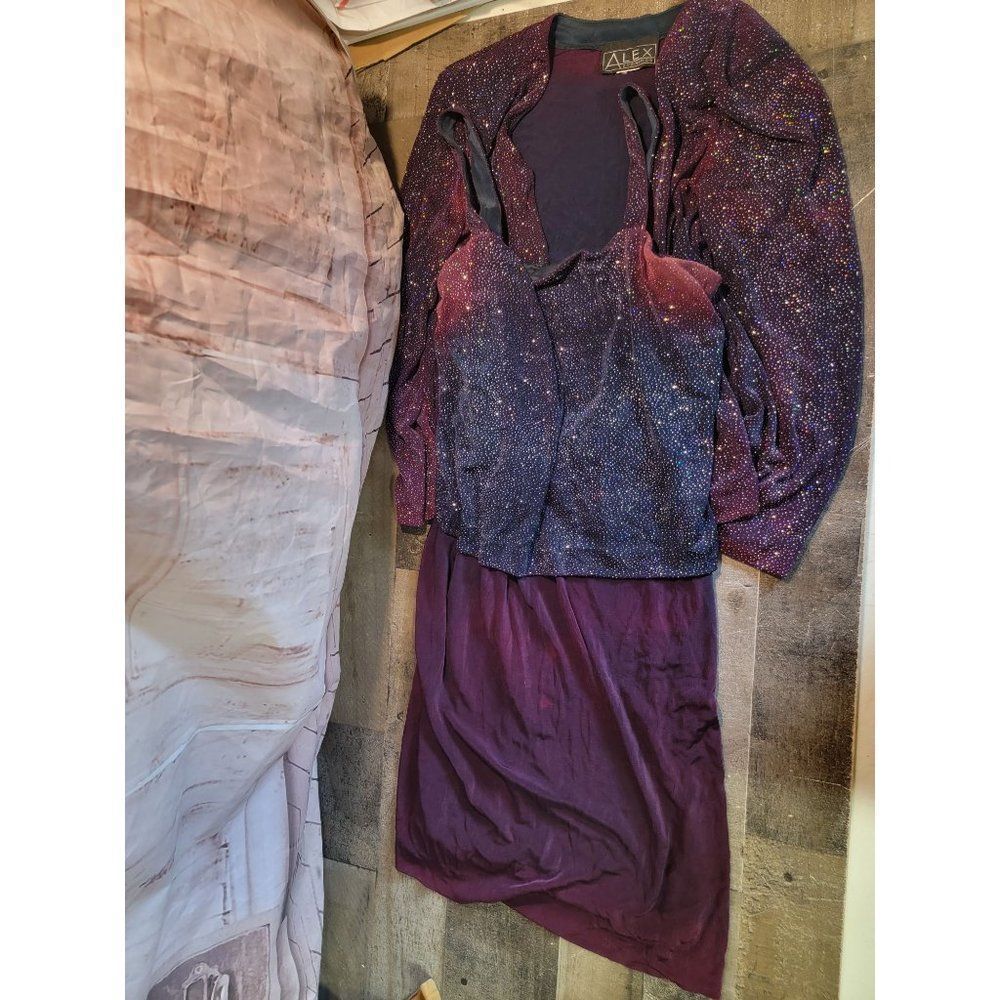 Alex Evenings shimmer glitter dress purple blue set jacket womens‎
